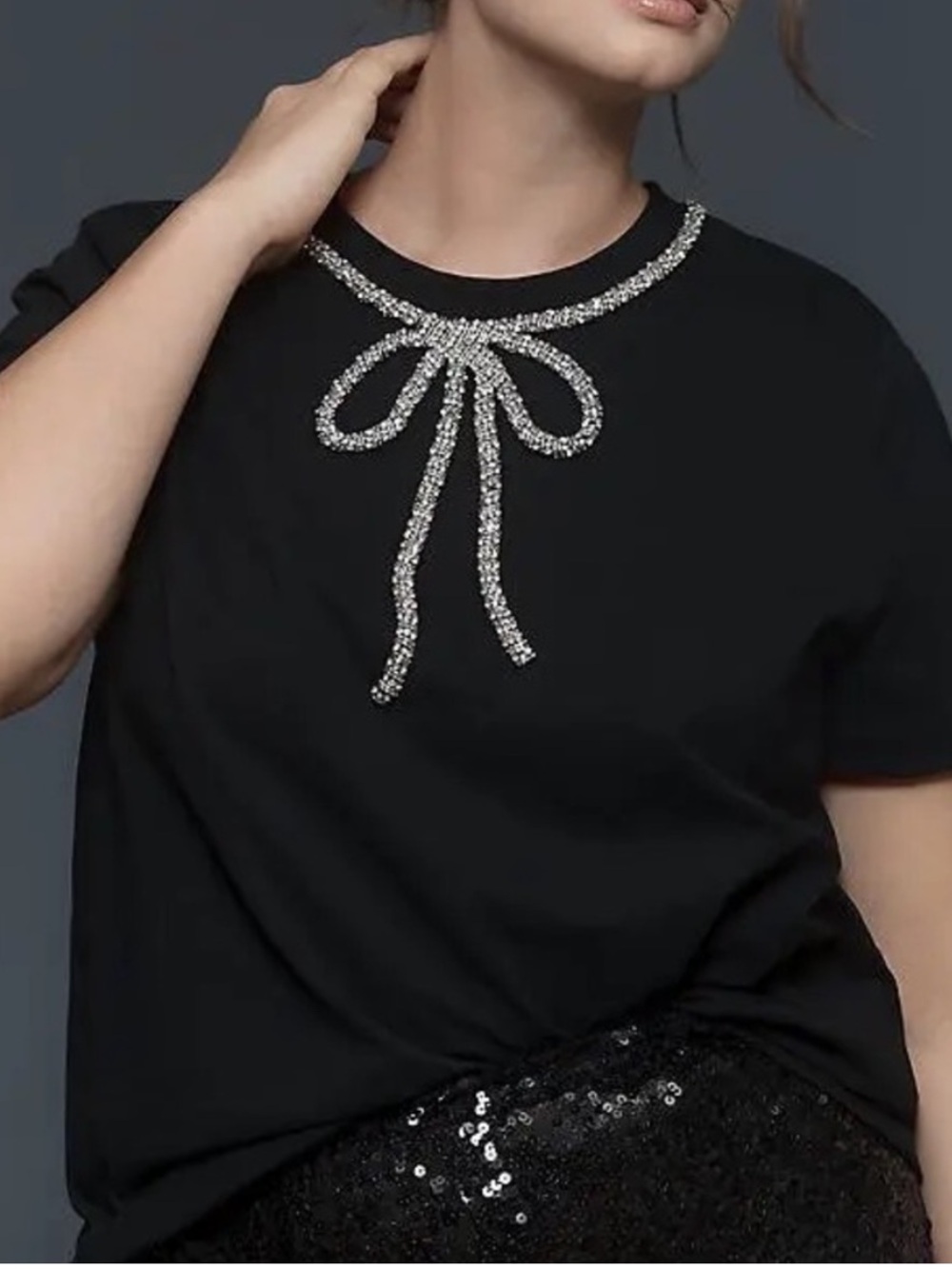 Maeve Anthropologie Black Short Sleeve Top With Crystal Bow Neckline XS NEW